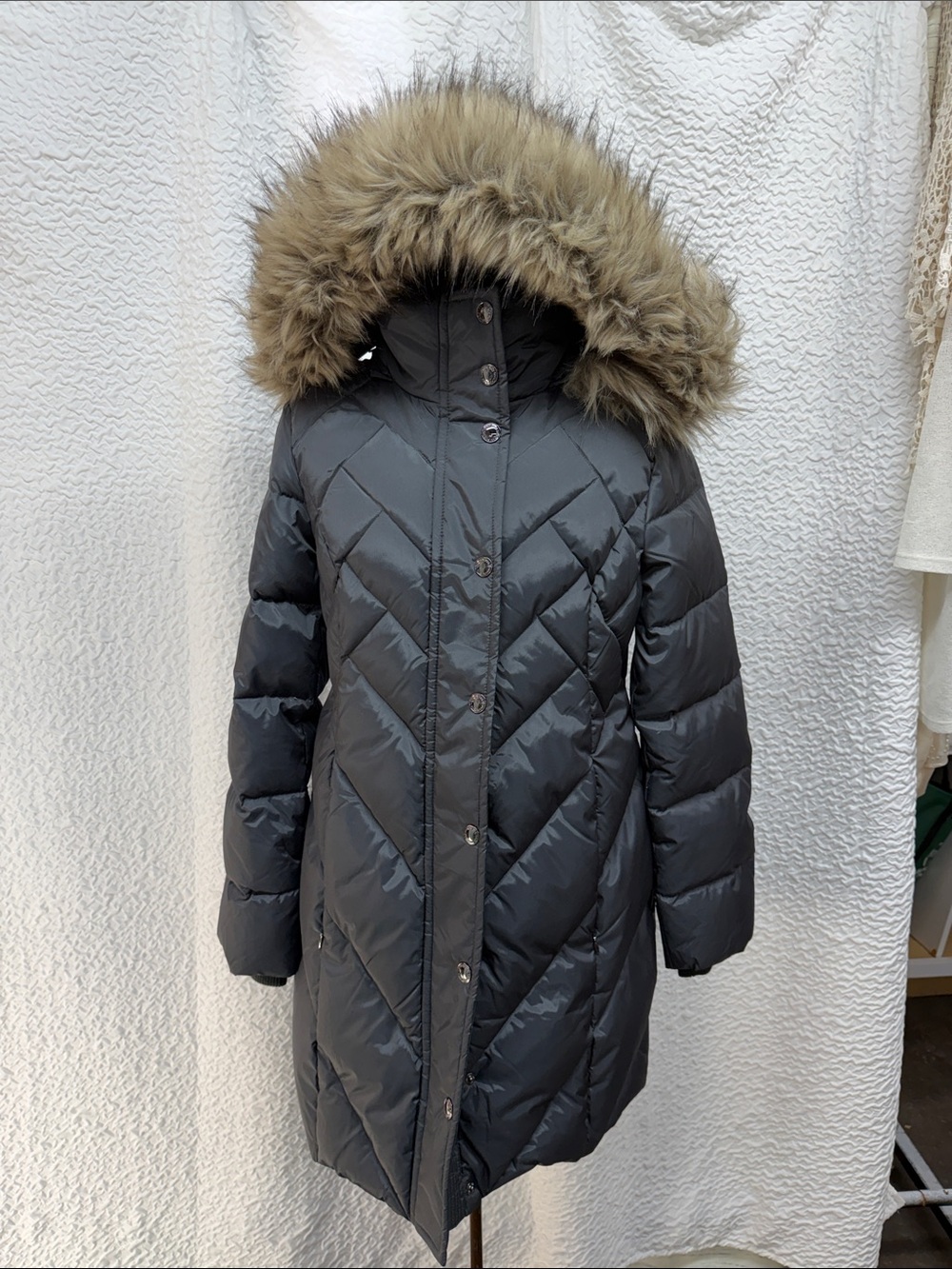 TOWER by London Fog Slate Gray Down Filled Quilted Puffer Coat Faux Fur Hood